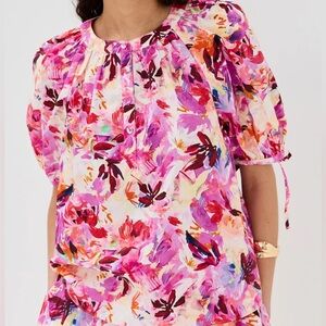 Ulla Johnson Vienne Blouse Top Azalea Pink Floral Cotton Poplin Puff Sleeve 4